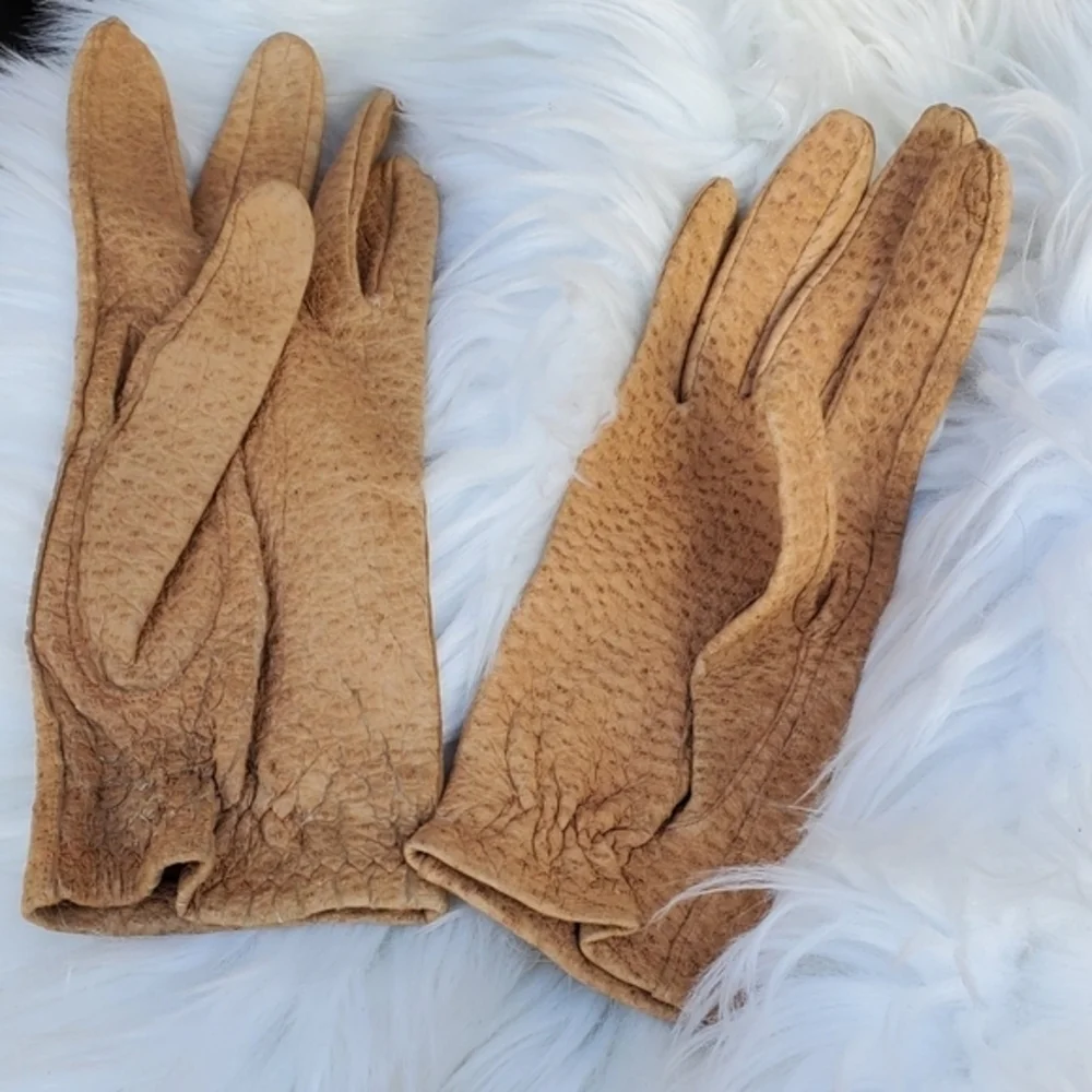 Vintage‎ Textured Leather Neutral Gloves 7